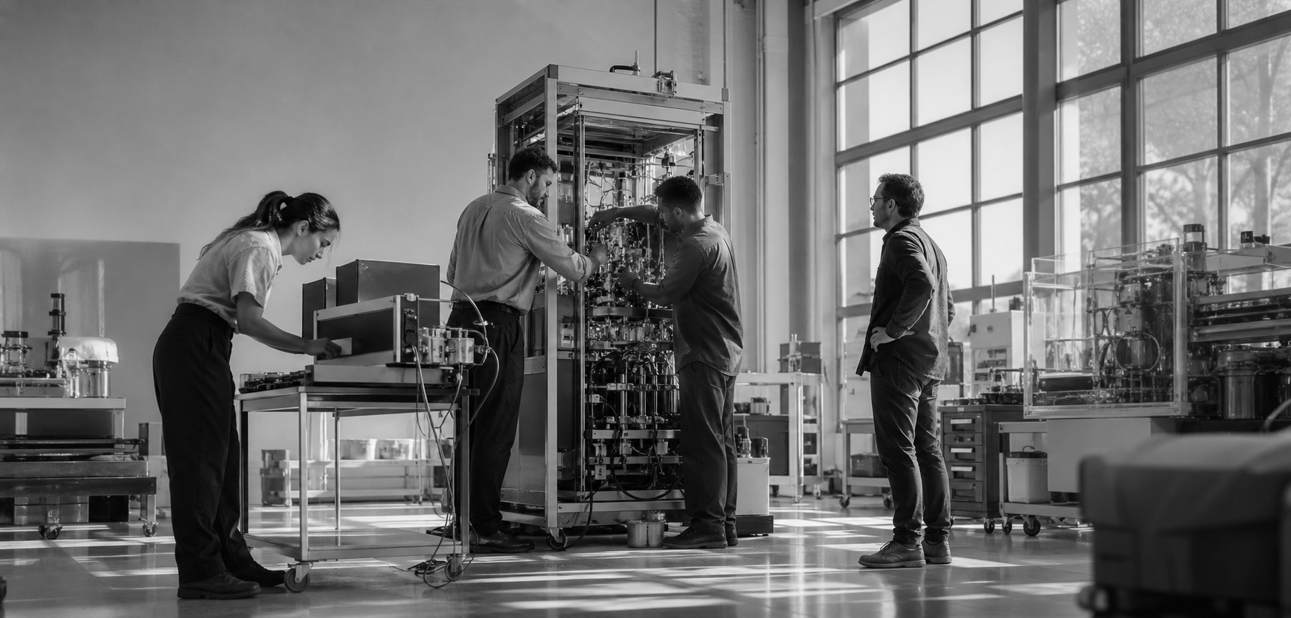 Engineers and domain experts integrating a production system in a workshop